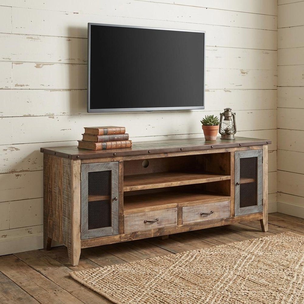 76" Brown Solid Wood Cabinet Enclosed Storage Distressed TV Stand HomeRoots