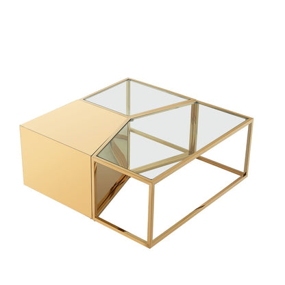 Set of Three 37" Clear And Gold Glass And Stainless Steel Square Mirrored Bunching Coffee Tables HomeRoots
