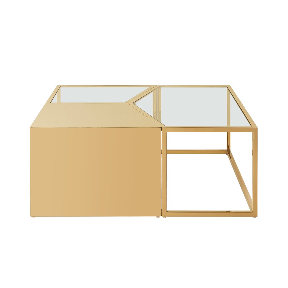 Set of Three 37" Clear And Gold Glass And Stainless Steel Square Mirrored Bunching Coffee Tables — view 2