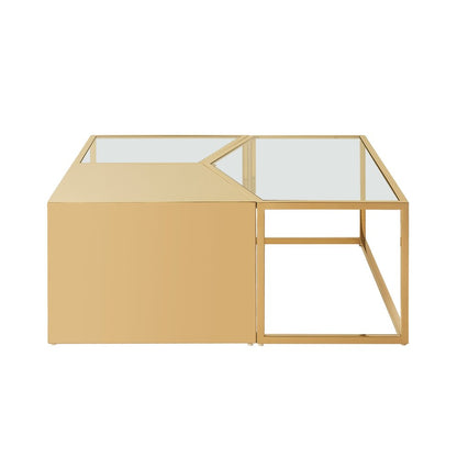 Set of Three 37" Clear And Gold Glass And Stainless Steel Square Mirrored Bunching Coffee Tables HomeRoots