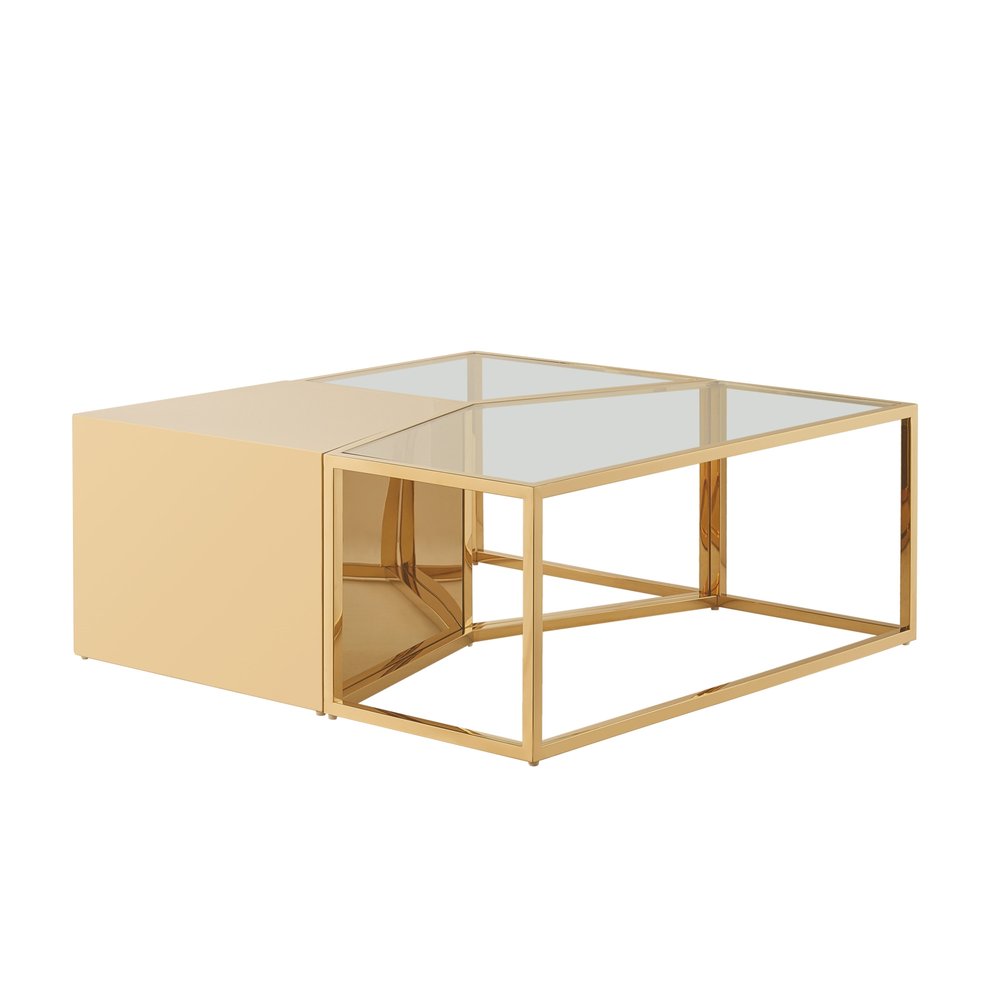 Set of Three 37" Clear And Gold Glass And Stainless Steel Square Mirrored Bunching Coffee Tables HomeRoots