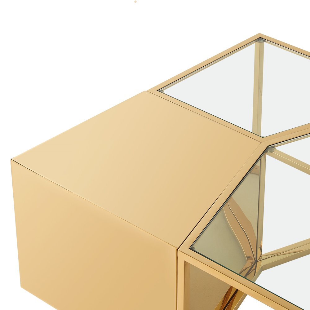 Set of Three 37" Clear And Gold Glass And Stainless Steel Square Mirrored Bunching Coffee Tables — view 5