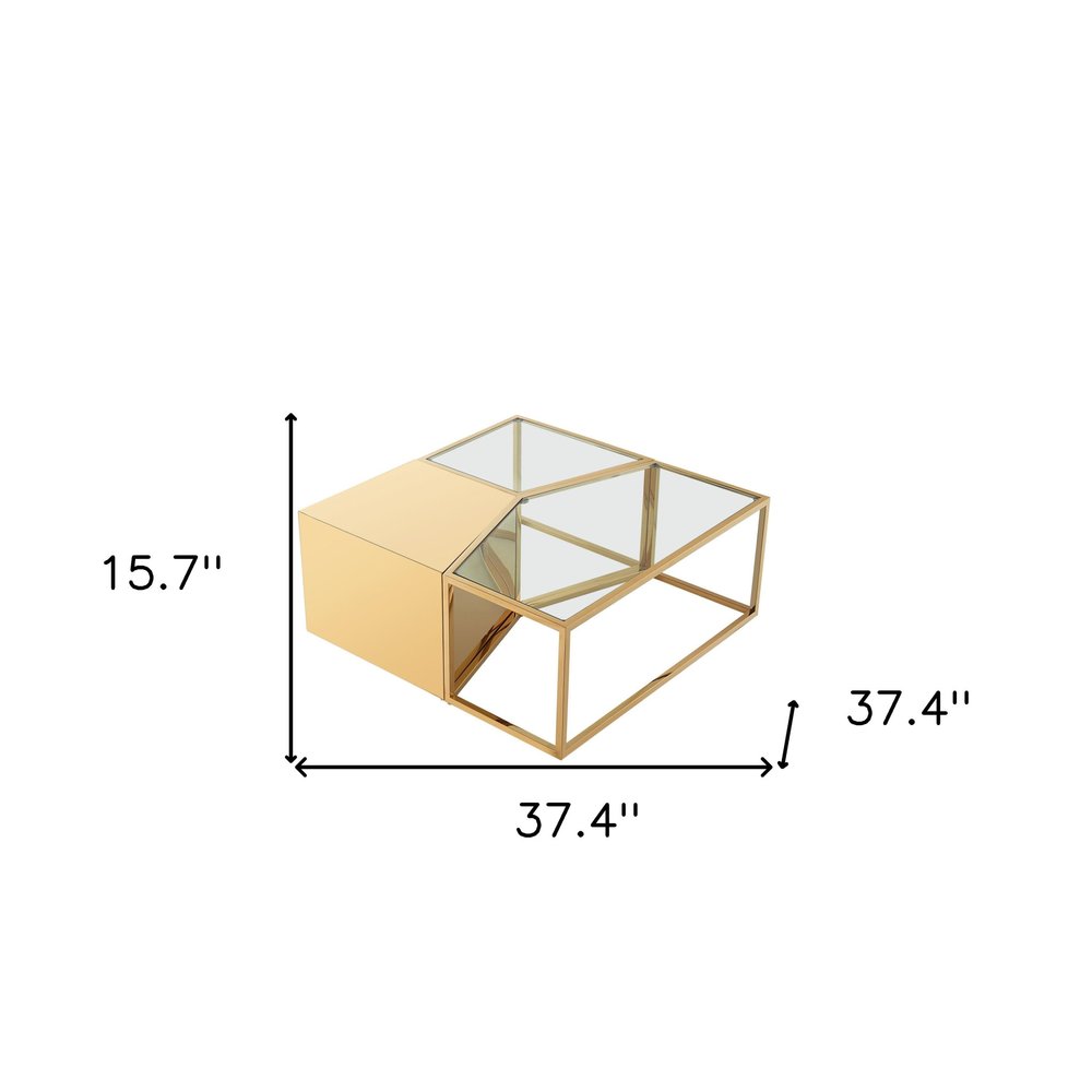 Set of Three 37" Clear And Gold Glass And Stainless Steel Square Mirrored Bunching Coffee Tables HomeRoots
