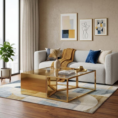 Set of Three 37" Clear And Gold Glass And Stainless Steel Square Mirrored Bunching Coffee Tables HomeRoots