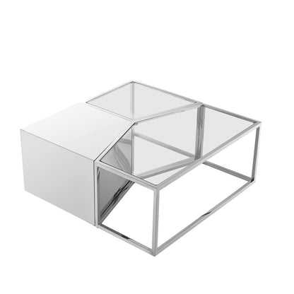 Set of Three 37" Clear And Gold Glass And Stainless Steel Square Mirrored Bunching Coffee Tables HomeRoots