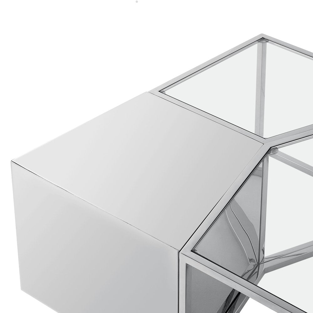 Set of Three 37" Clear And Gold Glass And Stainless Steel Square Mirrored Bunching Coffee Tables HomeRoots