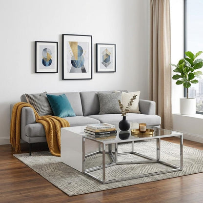 Set of Three 37" Clear And Gold Glass And Stainless Steel Square Mirrored Bunching Coffee Tables HomeRoots