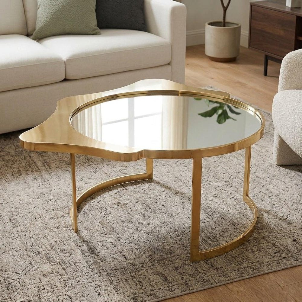 32" Gold Glass And Stainless Steel Round Mirrored Coffee Table — view 8