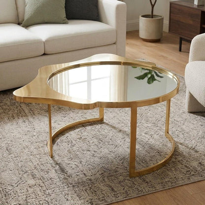 32" Gold Glass And Stainless Steel Round Mirrored Coffee Table