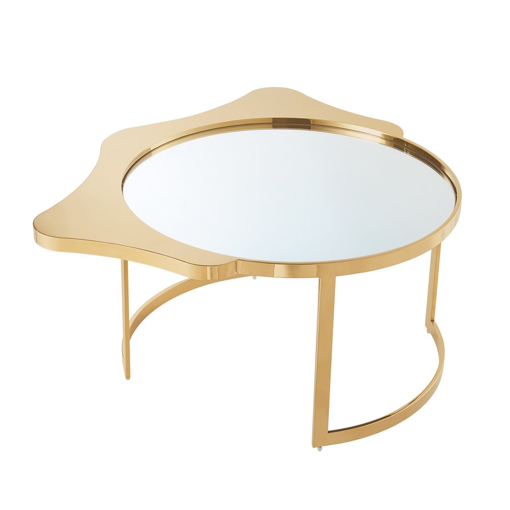 32" Gold Glass And Stainless Steel Round Mirrored Coffee Table — view 3