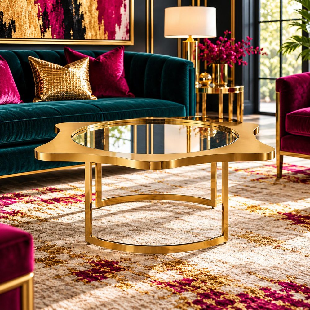 32" Gold Glass And Stainless Steel Round Mirrored Coffee Table