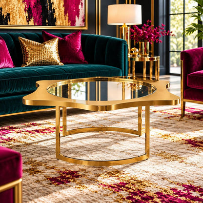 32" Gold Glass And Stainless Steel Round Mirrored Coffee Table