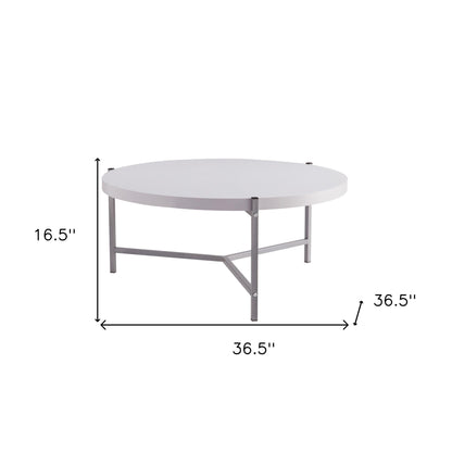 37" White And Silver Wood And Stainless Steel Round Coffee Table