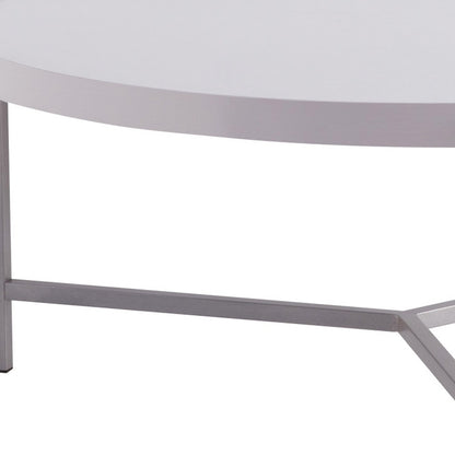 37" White And Silver Wood And Stainless Steel Round Coffee Table