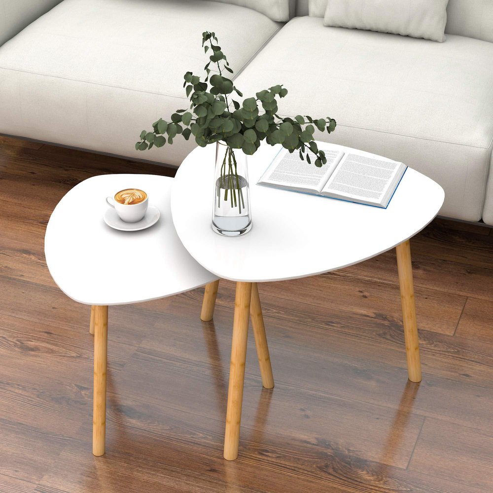 Set Of Two White and Natural Wood Triangle Nested Coffee Tables — view 2