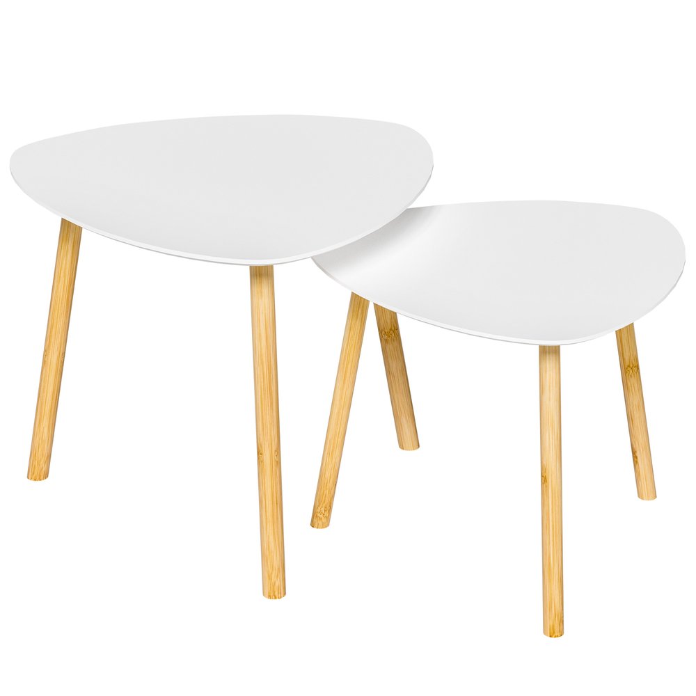 Set Of Two White and Natural Wood Triangle Nested Coffee Tables — view 4