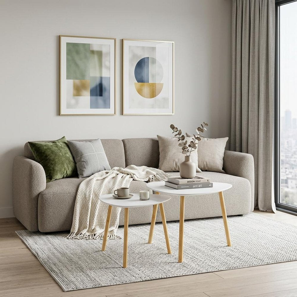 Set Of Two White and Natural Wood Triangle Nested Coffee Tables — view 12