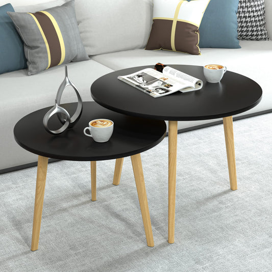 Set Of Two 20" Wood Brown And Black Round Nested Tables