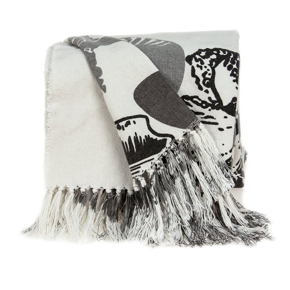 52" X 67" Ivory and Gray Woven Cotton Coastal Seashell Throw Blanket with Fringe HomeRoots