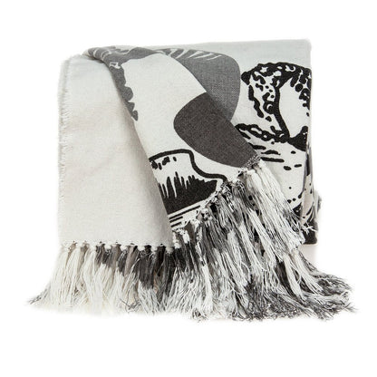 52" X 67" Ivory and Gray Woven Cotton Coastal Seashell Throw Blanket with Fringe HomeRoots