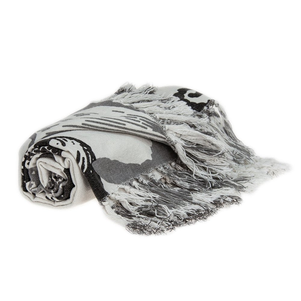 52" X 67" Ivory and Gray Woven Cotton Coastal Seashell Throw Blanket with Fringe HomeRoots