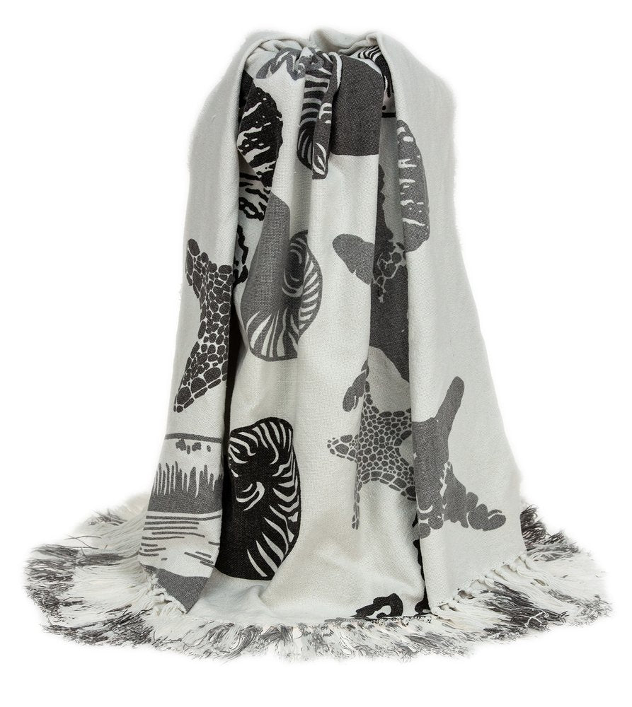 52" X 67" Ivory and Gray Woven Cotton Coastal Seashell Throw Blanket with Fringe HomeRoots
