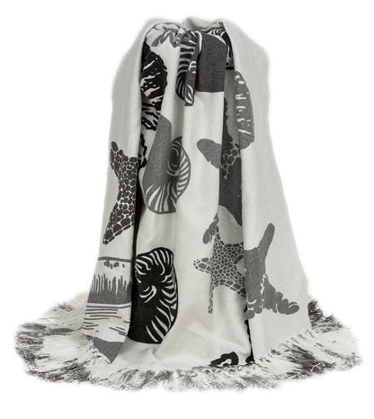52" X 67" Ivory and Gray Woven Cotton Coastal Seashell Throw Blanket with Fringe HomeRoots