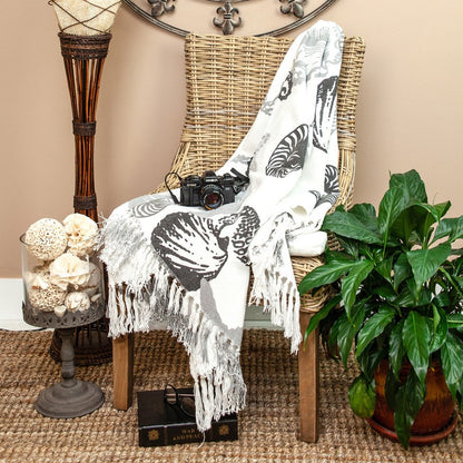 52" X 67" Ivory and Gray Woven Cotton Coastal Seashell Throw Blanket with Fringe HomeRoots