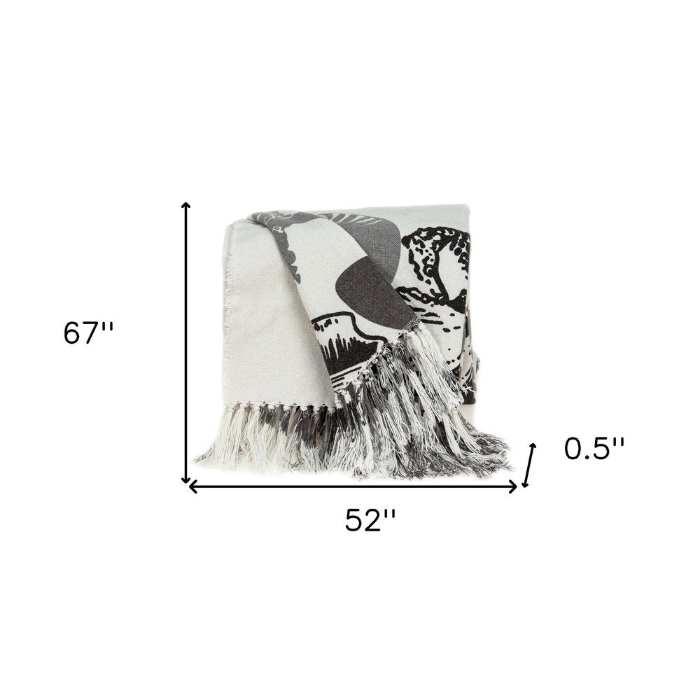 52" X 67" Ivory and Gray Woven Cotton Coastal Seashell Throw Blanket with Fringe HomeRoots