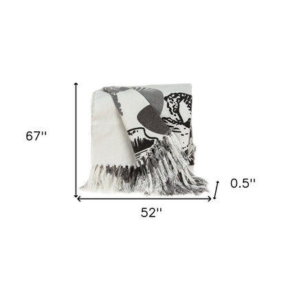 52" X 67" Ivory and Gray Woven Cotton Coastal Seashell Throw Blanket with Fringe HomeRoots