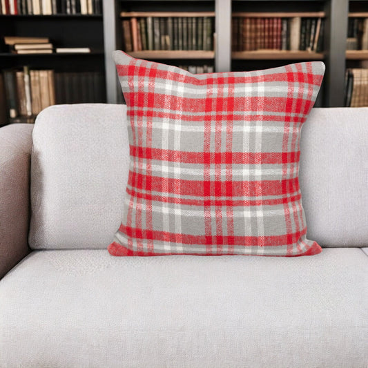 16" Red and White Plaid Cotton Throw Pillow FurniFindUSA