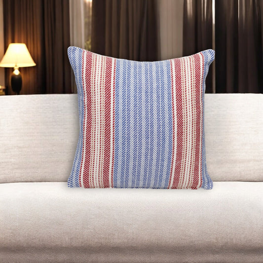 16" Blue and Red Striped Cotton Throw Pillow FurniFindUSA