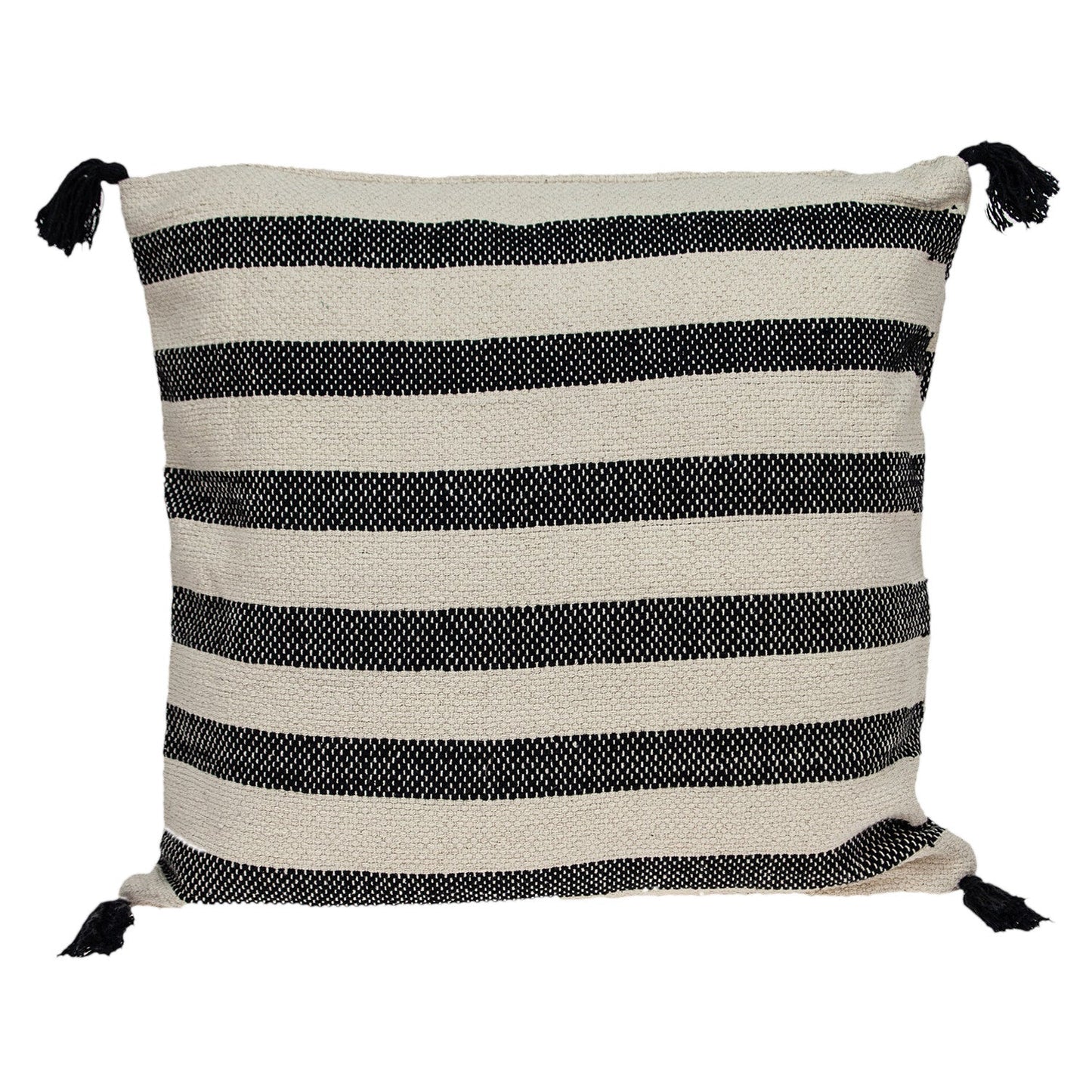24" Beige and Black Striped Cotton Throw Pillow With Tassels FurniFindUSA