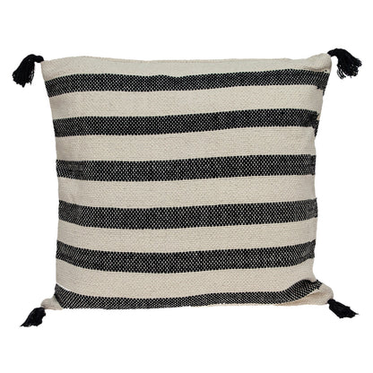 24" Beige and Black Striped Cotton Throw Pillow With Tassels FurniFindUSA