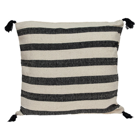 24" Beige and Black Striped Cotton Throw Pillow With Tassels FurniFindUSA