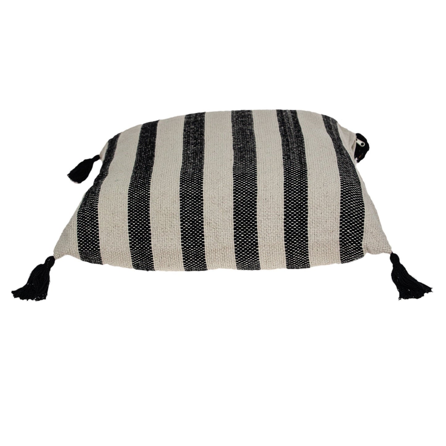 24" Beige and Black Striped Cotton Throw Pillow With Tassels FurniFindUSA