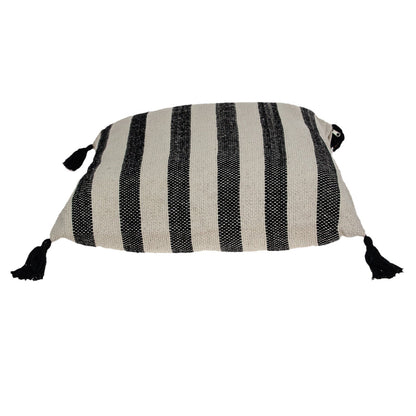 24" Beige and Black Striped Cotton Throw Pillow With Tassels FurniFindUSA