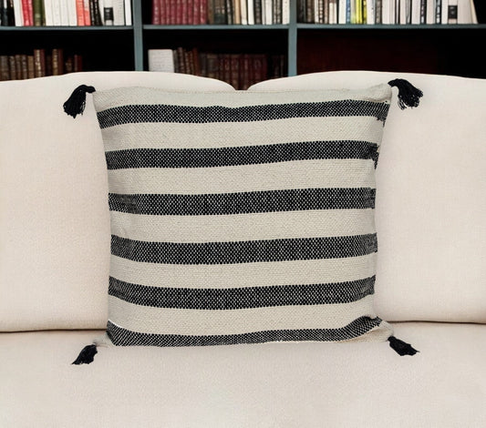 24" Beige and Black Striped Cotton Throw Pillow With Tassels FurniFindUSA