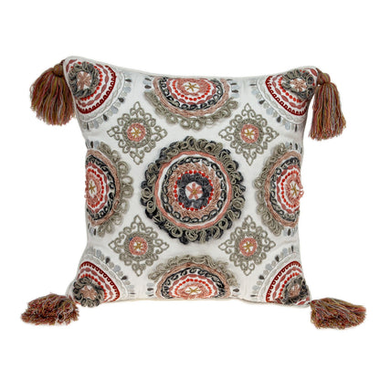 18" Red and White Floral Cotton Throw Pillow With Embroidery, Tassels FurniFindUSA