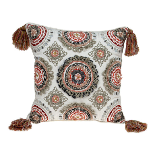 18" Red and White Floral Cotton Throw Pillow With Embroidery, Tassels FurniFindUSA