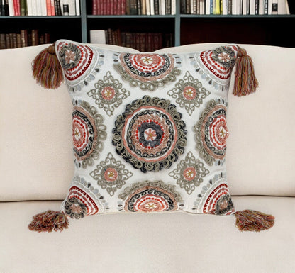 18" Red and White Floral Cotton Throw Pillow With Embroidery, Tassels FurniFindUSA