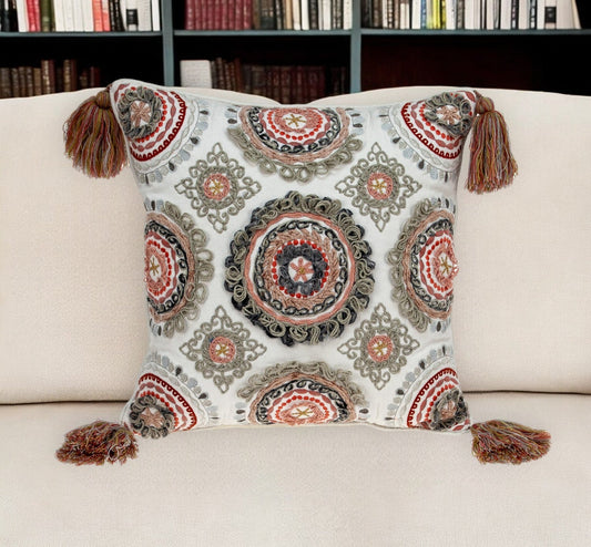 18" Red and White Floral Cotton Throw Pillow With Embroidery, Tassels FurniFindUSA