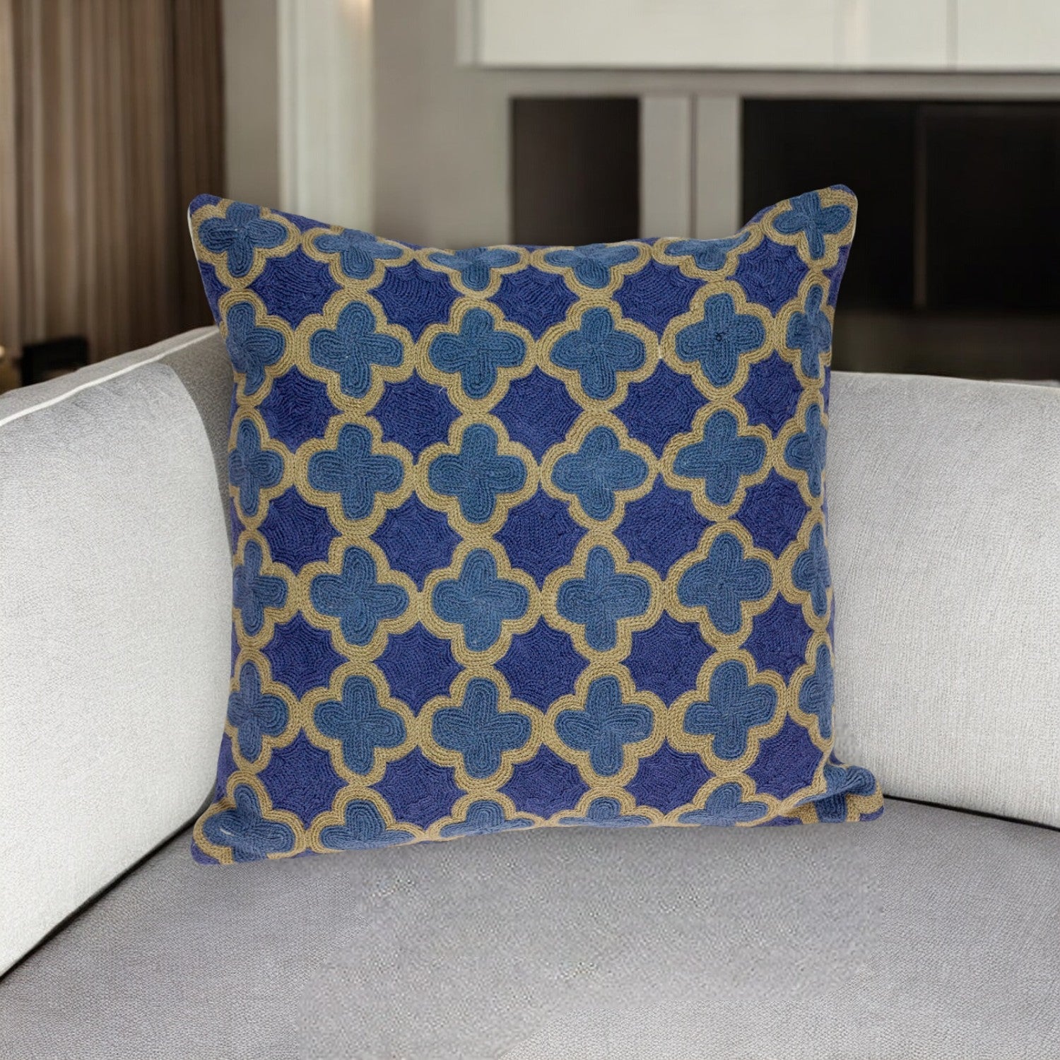 20" Blue and Brown Quatrefoil Wool Throw Pillow With Embroidery FurniFindUSA