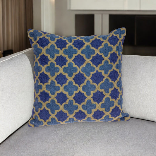 20" Blue and Brown Quatrefoil Wool Throw Pillow With Embroidery FurniFindUSA