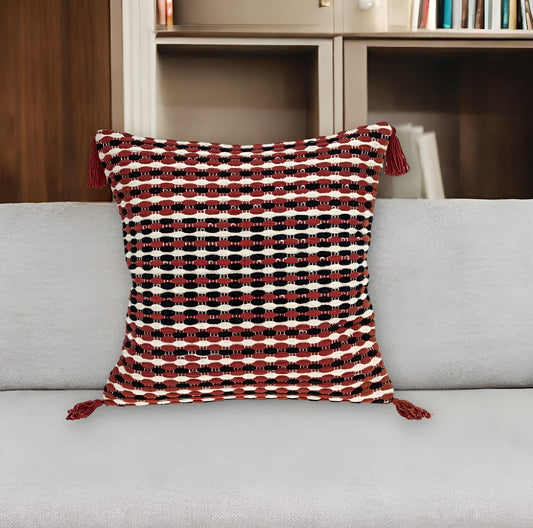20" Red and Black Striped Cotton Throw Pillow With Tassels FurniFindUSA