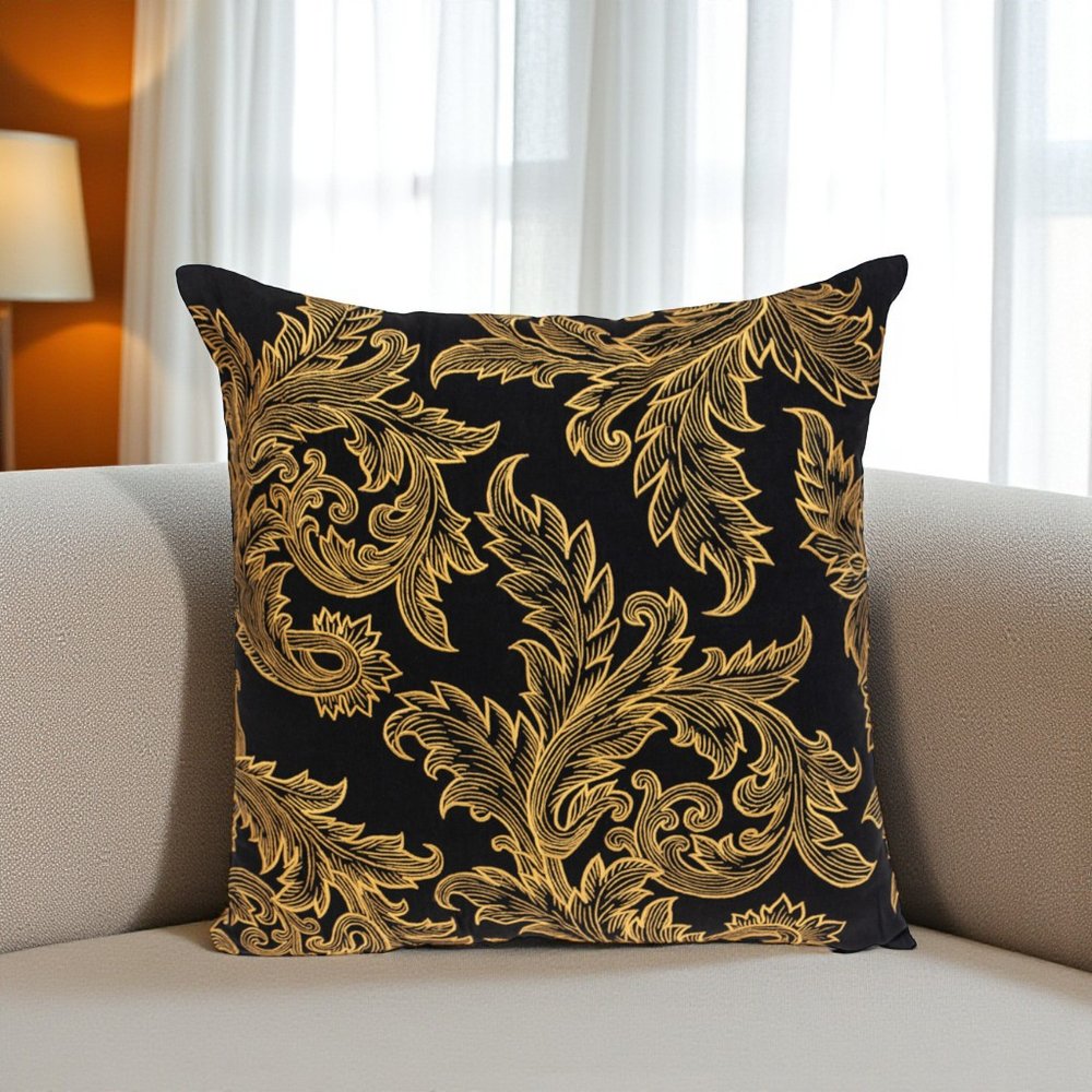 22" Black and Orange Floral Cotton Throw Pillow With Embroidery — view 7