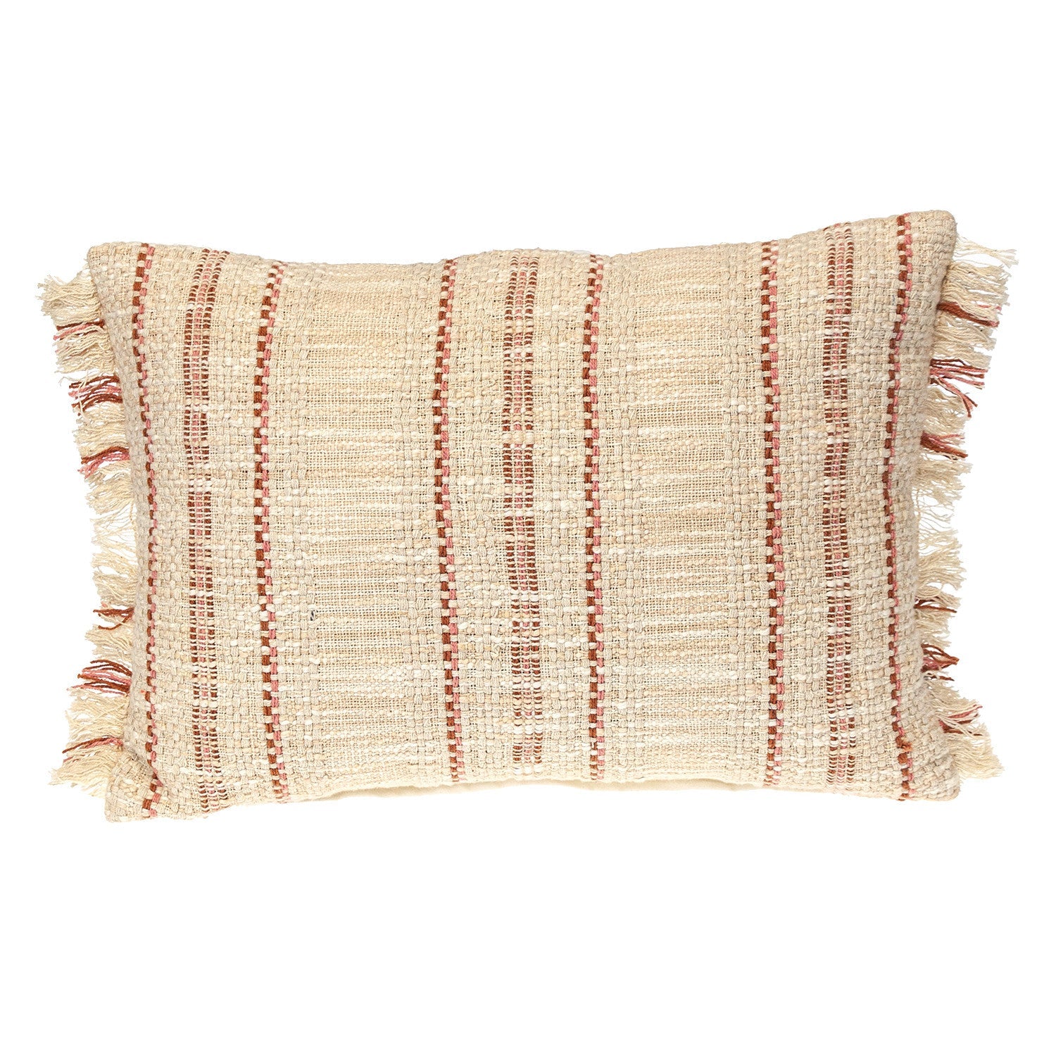 14" X 20" Beige and Pink Striped Cotton Throw Pillow With Fringe FurniFindUSA