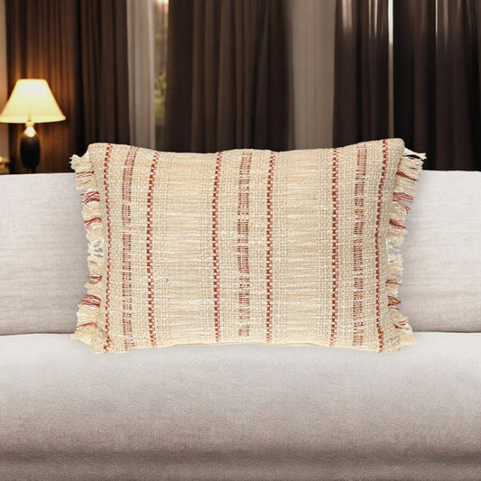 14" X 20" Beige and Pink Striped Cotton Throw Pillow With Fringe FurniFindUSA