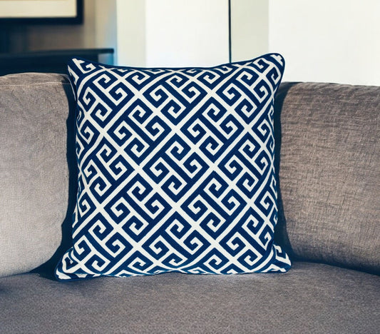 20" Blue Greek Key Cotton Throw Pillow FurniFindUSA