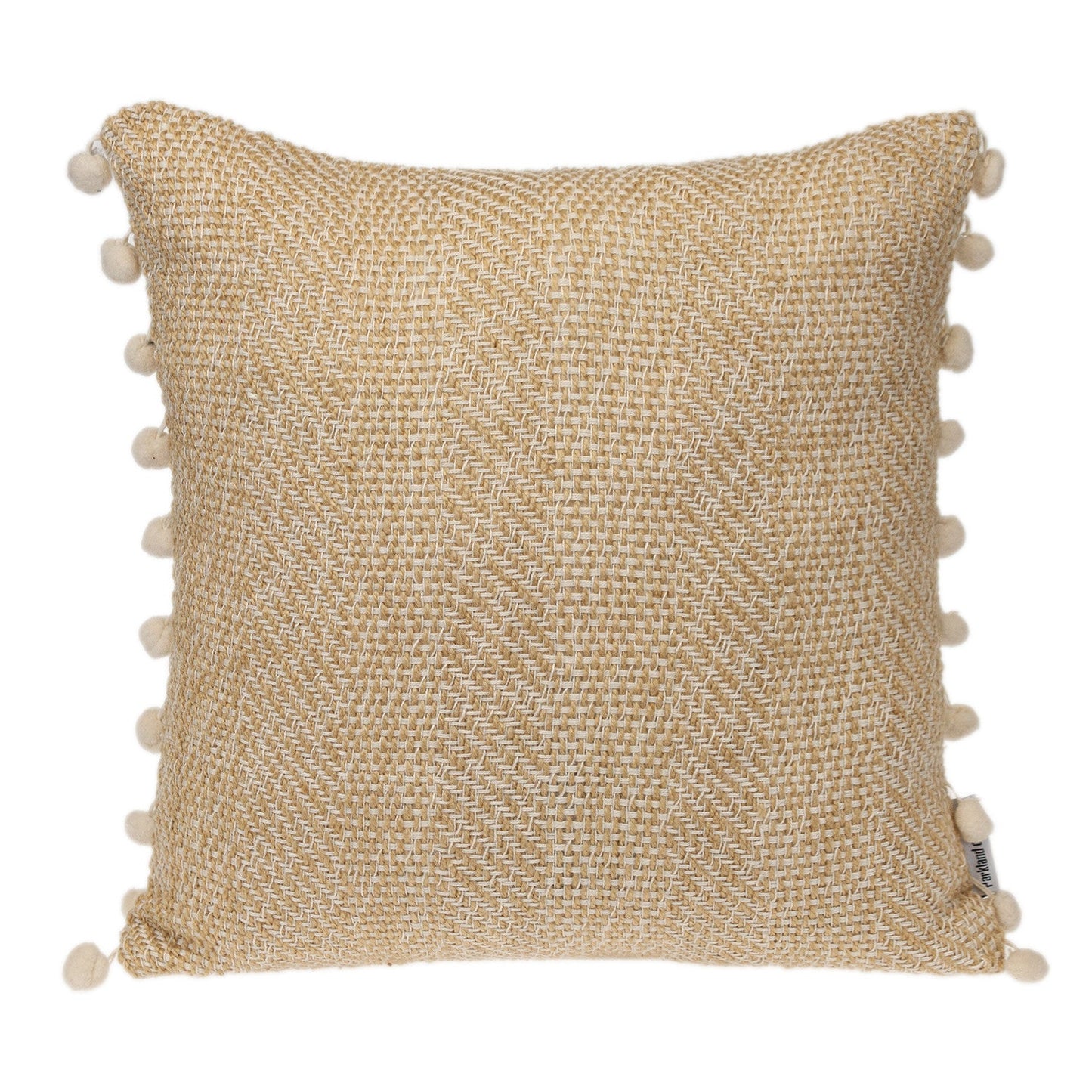 18" Beige and White Weave Cotton Throw Pillow With Pom Poms FurniFindUSA